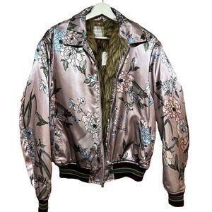 Urban Outfitters Floral Satin Brocade Bomber Jacket Sm Faux Fur Mauve